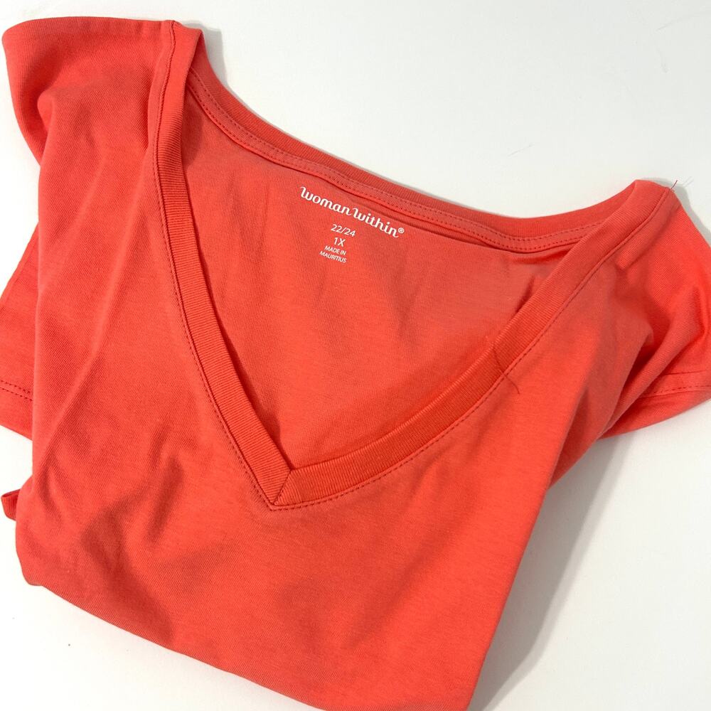 Women Within 1X Womens Shirt Peach Pink V neck Short Sleeve T Shirt Tee